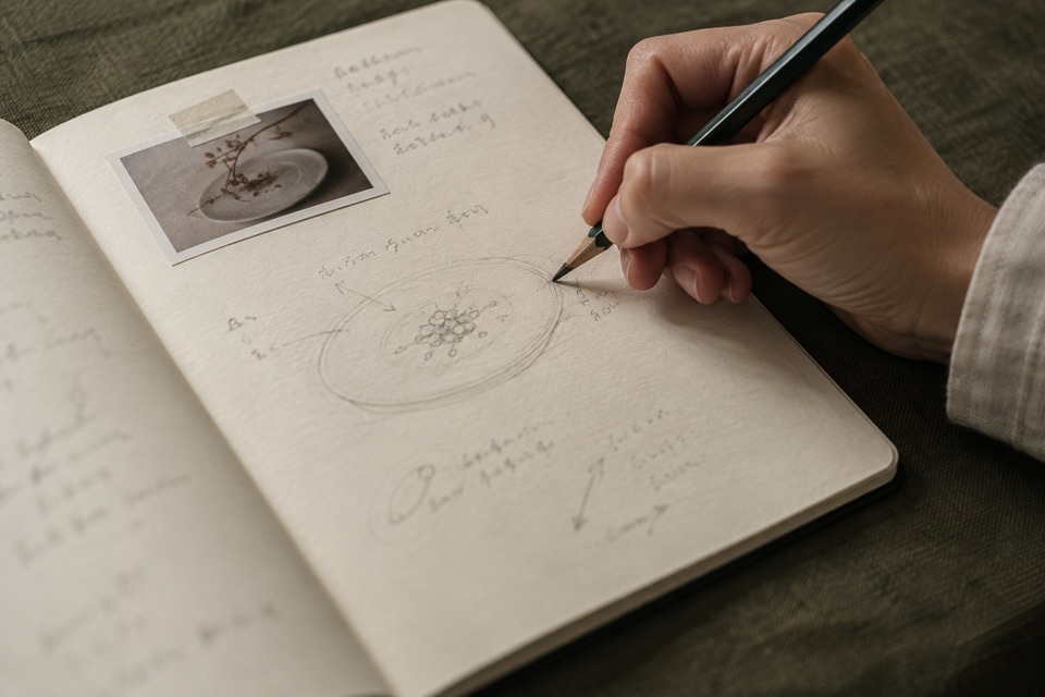 料理の写真とスケッチを添えたノートに、気づきを書き留める手元のイメージ